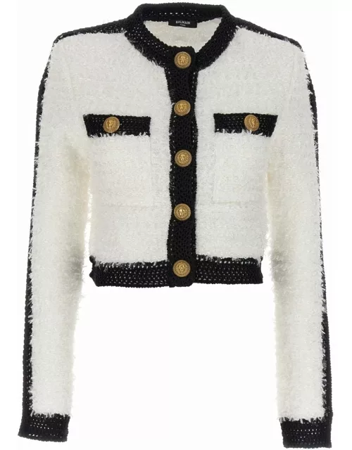 Black and white tweed crop cardigan with gold button