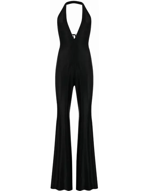 Black flared jumpsuit with American neckline