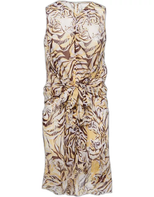 See by Chloe Brown/Yellow Tiger Print Silk Tie Waist Sleeveless Short Dress