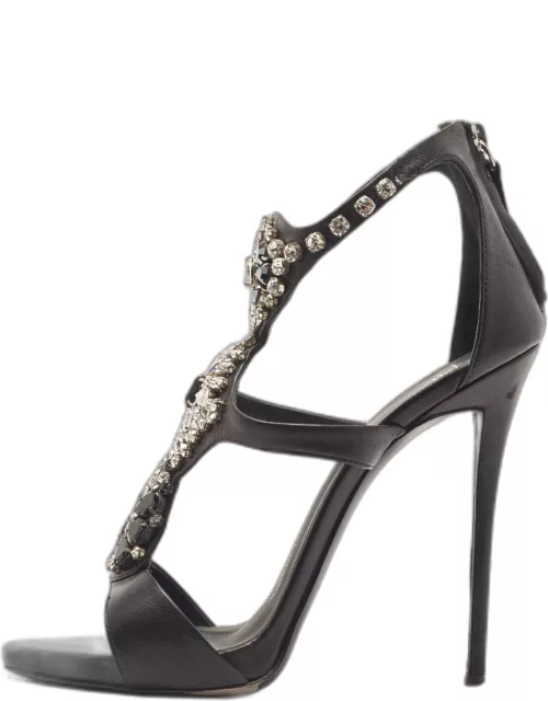 Giuseppe Zanotti Black Leather Crystal Embellished Strappy Sandal