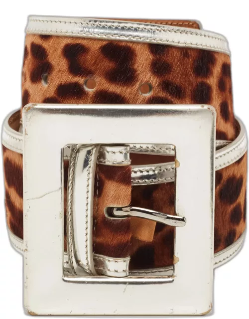 Dolce & Gabbana Brown Leopard Print Calf Hair & Patent Leather Wide Belt 75 C