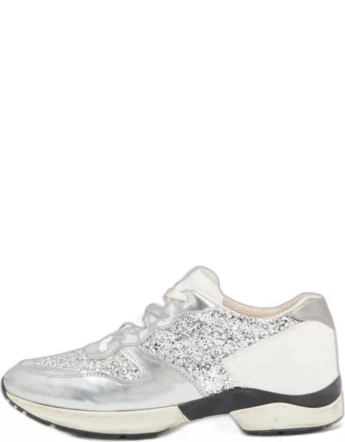 Tod's Metallic Silver Glitter And Leather Sportivo Lace Up Sneaker