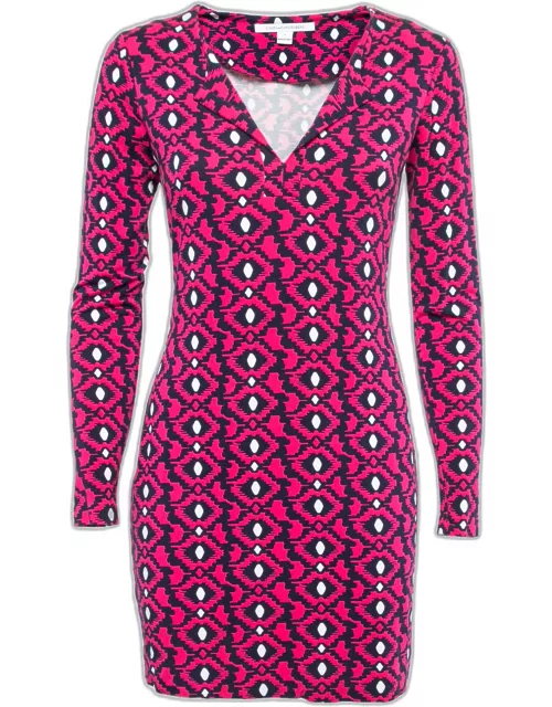 Diane Von Furstenberg Pink/navy Blue Printed Knit Full Sleeve Mini Dress