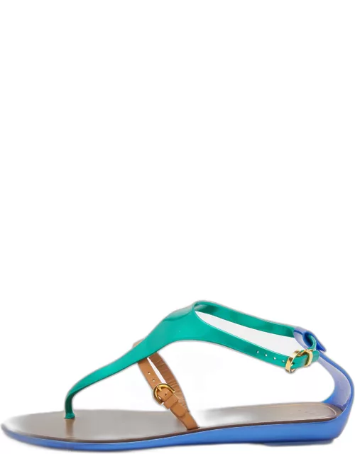 Sergio Rossi Tricolor Leather and Rubber T-Strap Flat Sandal