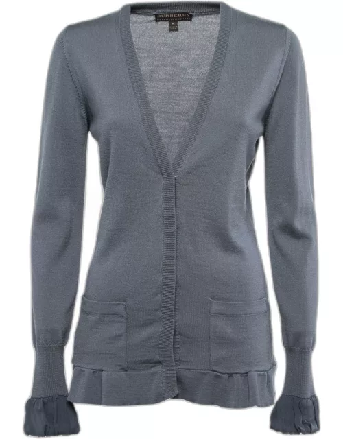Burberry Grey Wool Knit Silk Trimmed Button Front Cardigan