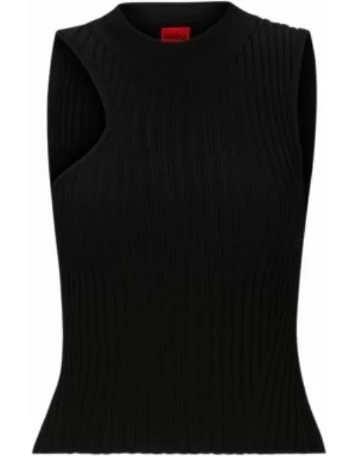 Mock-neck ribbed-knit top with asymmetric detail- Black Women's Casual Top