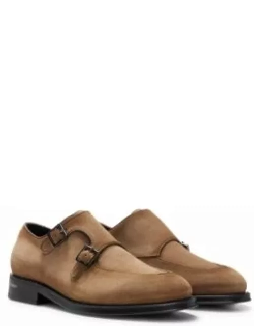 Shaded-suede double-monk shoes with branded buckles- Beige Men's Business Shoe