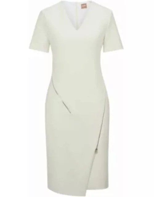 V-neck dress with zip details- White Women's Business Dresse