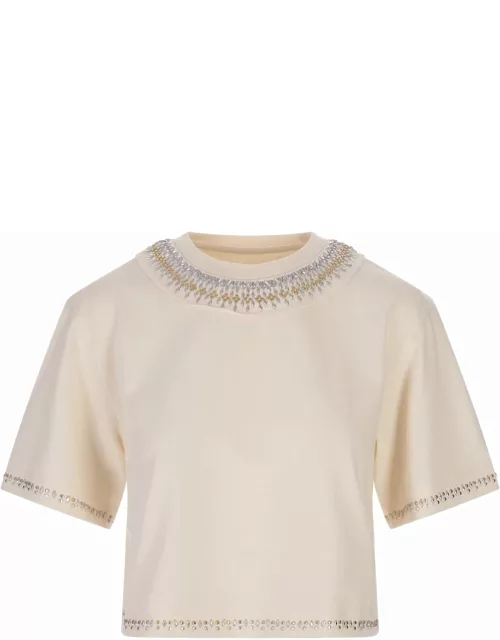Paco Rabanne Nude Crop T-shirt With Rhinestones In Gold And Silver