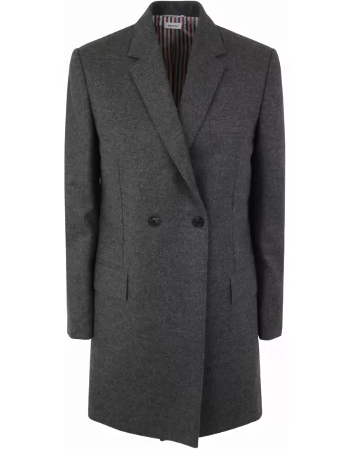 Thom Browne Elongated Long Sleeve Double Breasted Sportcoat In Wool Flanne