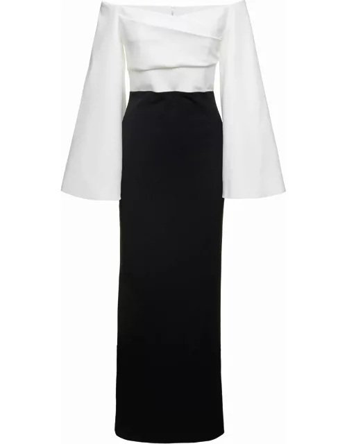 Solace London Eliana Off-shoulder Maxi Dress In Black And White Satin