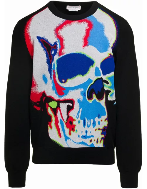 Alexander McQueen Black Crewneck Sweatshirt With Multicolor Jacquard Skull In Wool Blend Man