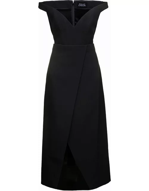 Solace London Black Midi Dress With Flared Skirt And Asymmetric Vent In Polyester Woman