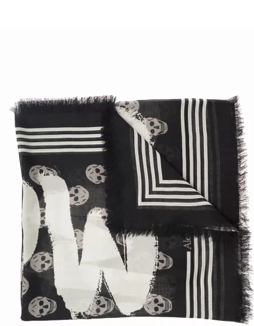 Alexander McQueen Scarf With All-over Skull Print And Graffiti Logo