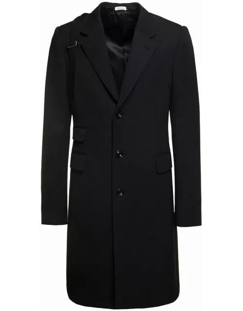 Alexander McQueen Black Single-breasted Coat With Harness Detail In Wool Man