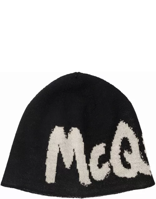 Alexander McQueen White Beanie With Contrasting Graffiti Logo In Wool Man
