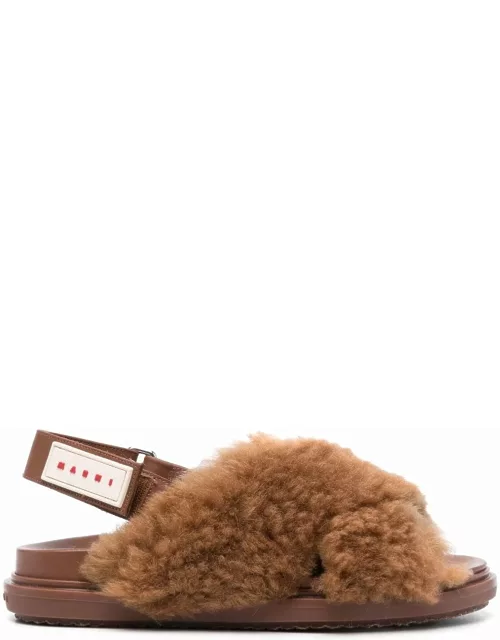 Marni Fussbett Crisscross Sandal Monochrome In Shearling With Logo Back Strap