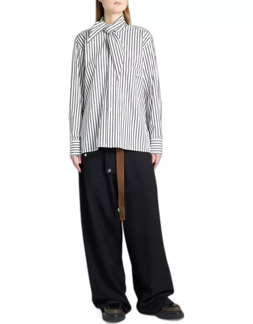 Striped Button-Front Shirt with Tie Neck