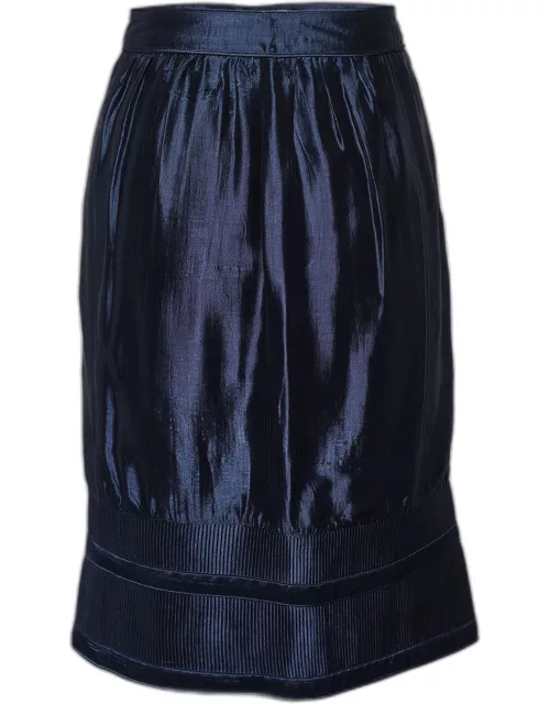 Burberry Navy Blue Silk Blend Textured Hem Detail Mini Skirt