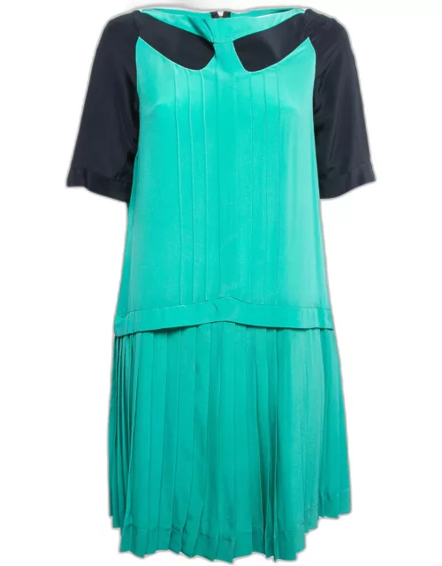 Victoria Victoria Beckham Green/Navy Blue Silk Pleated Mini Dress