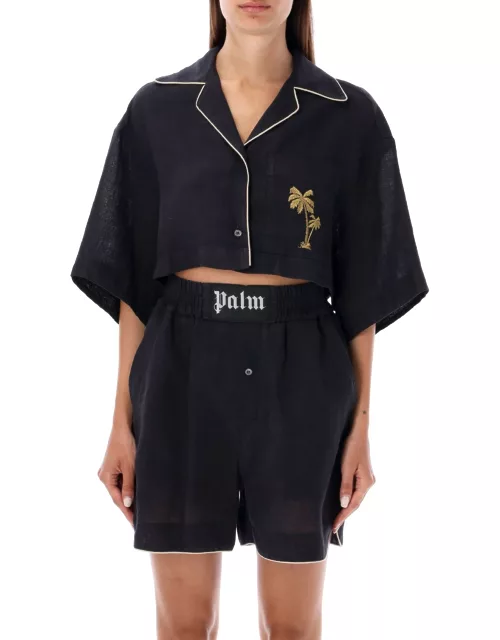 Palm Angels Cropped Linen Bowling Shirt