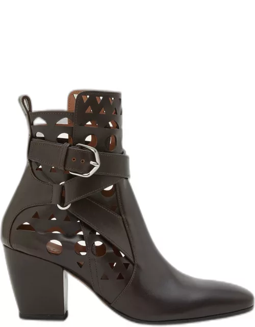 Cutout Leather Buckle Ankle Boot
