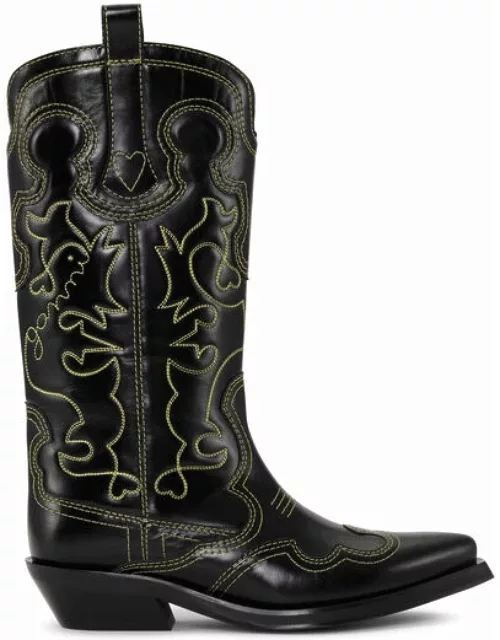 GANNI /Yellow Mid Shaft Embroidered Western Boots in Black