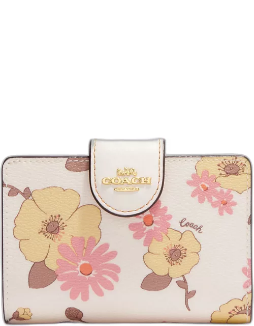Coach Gold/White Canvas and Leather Medium Corner Zip Wallet Floral Print