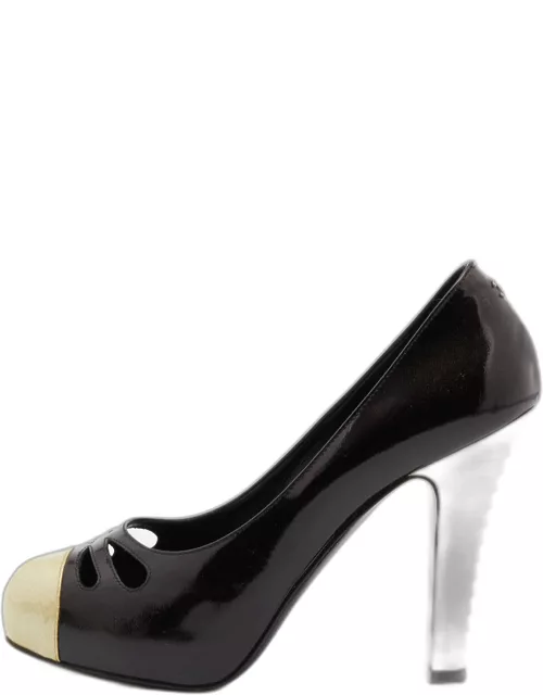 Chanel Black/Gold Patent and Leather CC Cap Toe Pumps 37