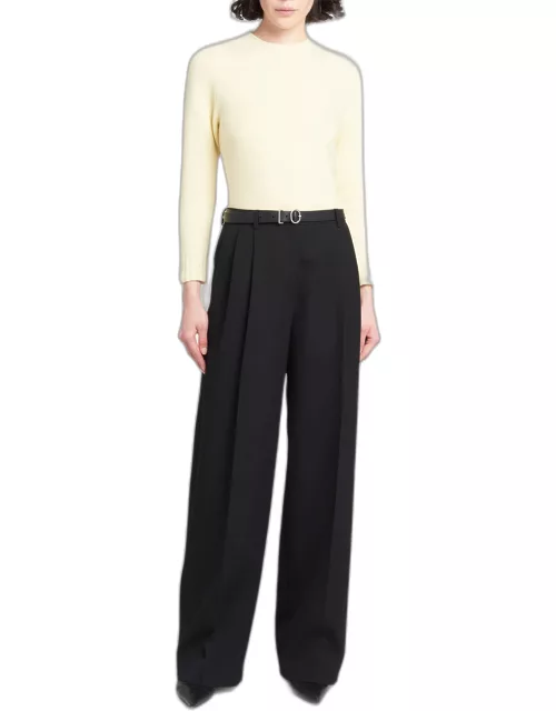 Long Relaxed Straight-Leg Pleated Wool Pant