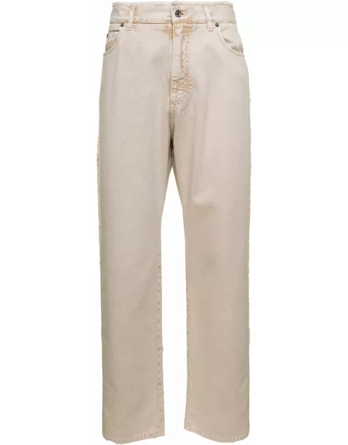 Dolce & Gabbana Cream Whie Wide-leg Jeans With Logo Plaque In Cotton Denim Man