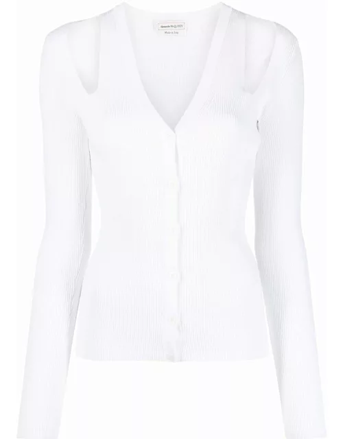 White cardigan with cut-out detai