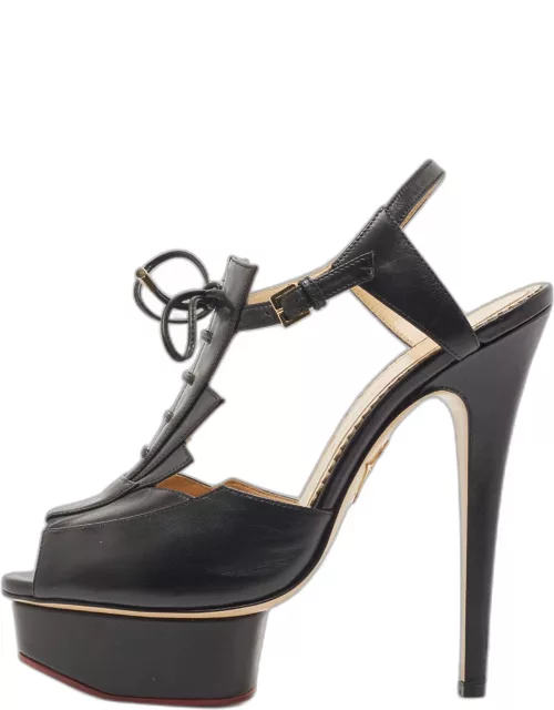 Charlotte Olympia Black Leather Peep Toe Platform Ankle Strap Sandal