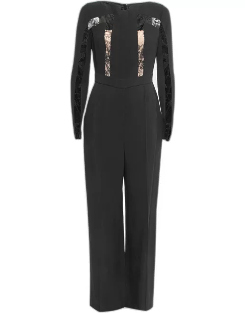 Elie Saab Black Silk & Nylon Lace Trimmed Full Sleeve Jumpsuit