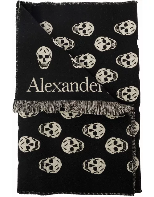 Alexander McQueen Black Scarf With All-over Skull Motif In Wool Man
