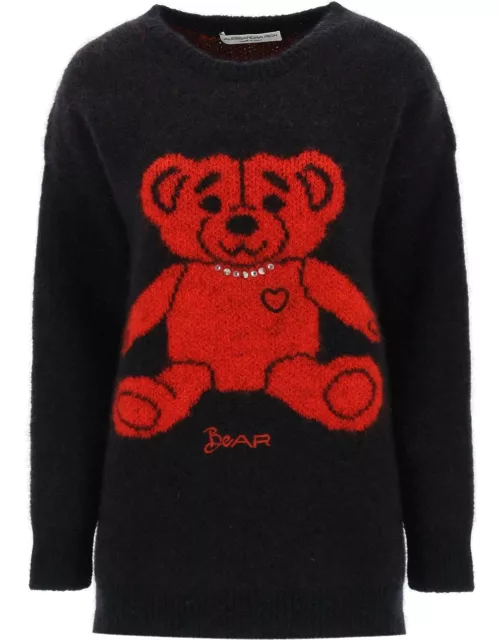 Alessandra Rich Sweater In Jacquard Knit With Bear Motif And Applique