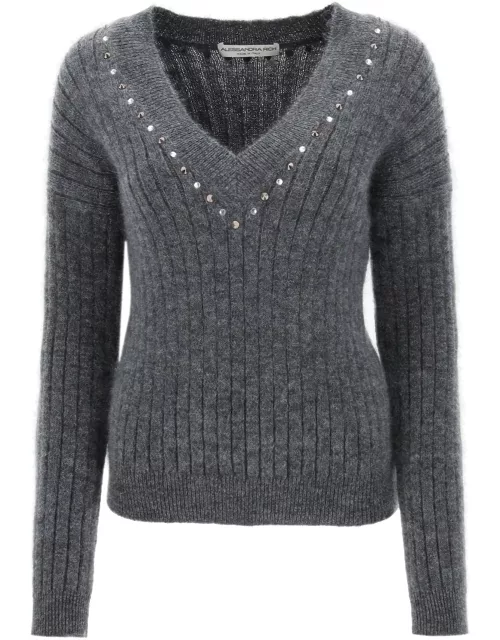 ALESSANDRA RICH wool knit sweater with studs and crystal
