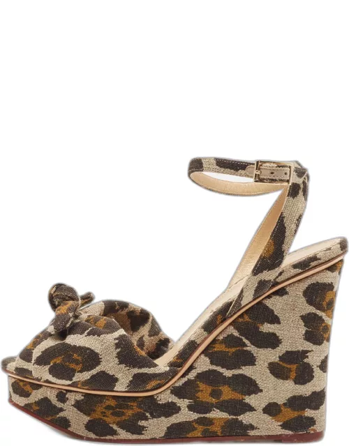 Charlotte Olympia Beige/Brown Leopard Canvas Bow Platform Ankle Strap Wedge Sandal