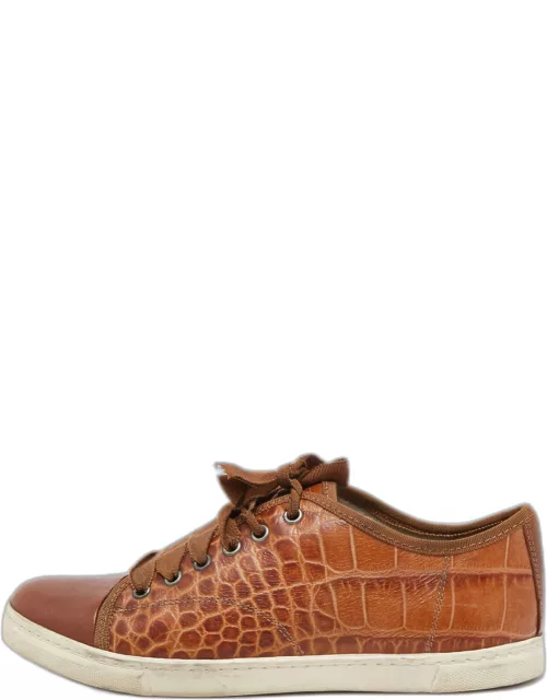 Lanvin Brown Embossed Croc and Leather Low Top Sneaker