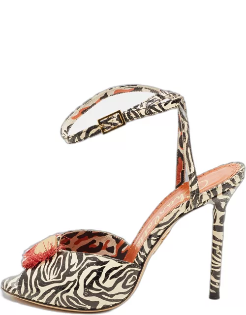 Charlotte Olympia Black/Cream Zebra Print Leather Ankle Strap Sandal