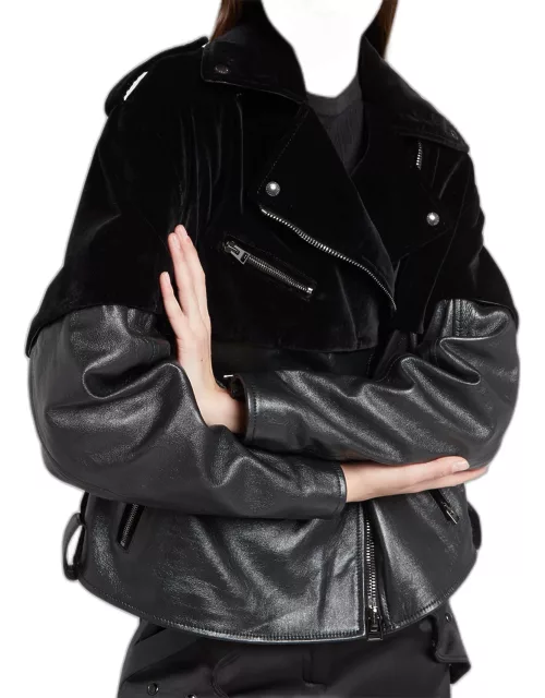 Mixed-Media Metallic Leather Moto Jacket