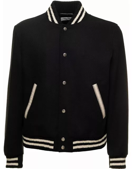 Saint Laurent Teddy Signature Black Varsity Jacket With Striped Trim In Wool Blend Man