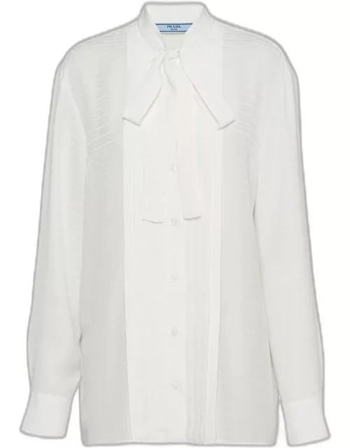 Scarf-Neck Silk Button Up Silk Shirt