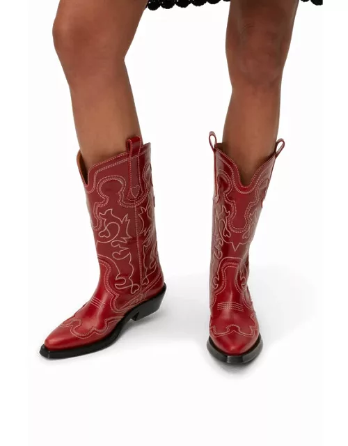 GANNI Red Mid Shaft Embroidered Western Boots in Barbados Cherry