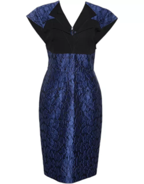 Roland Mouret Navy Blue Mirah Jacquard Cotton Silk Midi Dress