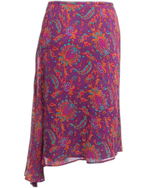 Isabel Marant Purple Printed Silk Chiffon Ruffle Detail Midi Skirt