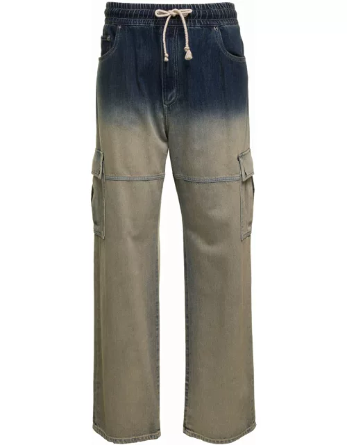 Dolce & Gabbana Blue And Beige Cargo Trousers With Logo Plaque And Gradient Effect In Cotton Denim Man
