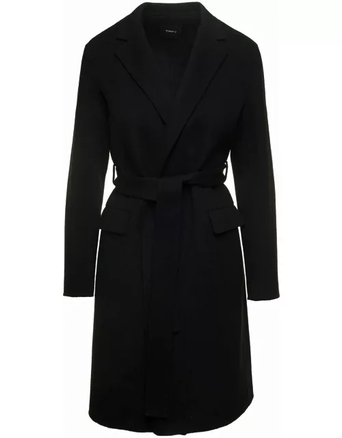 Theory Black Belted Coat With Flap Pockets In Wool And Cashmere Woman