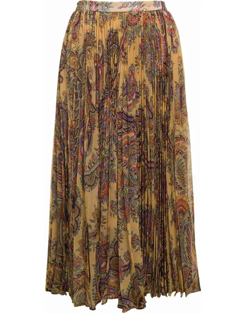 Etro Maxi Multicolor Pleated Skirt With All-over Paisley Print In Fabric Woman