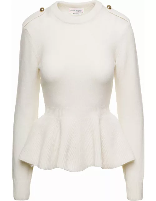 Alexander McQueen White Pullover With Peplum Waist And Jewel Buttons In Wool And Cashmere Woman